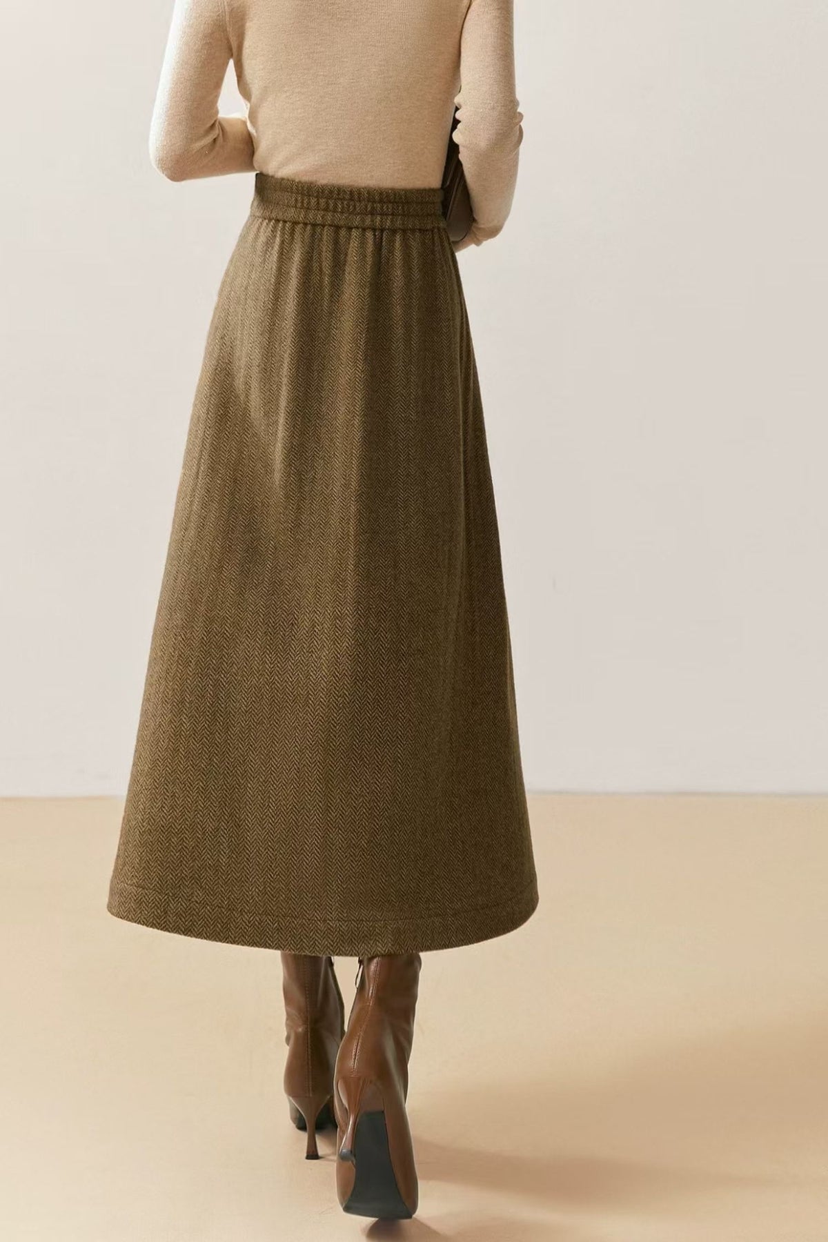 Khaki Midi Wool Blend Midi Skirt - Women A-Line Skirt Winter 7023