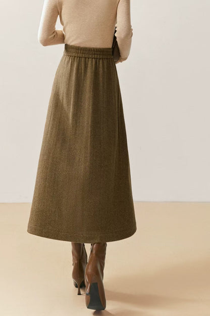 Khaki Midi Wool Blend Midi Skirt - Women A-Line Skirt Winter 7023