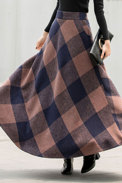 Plaid Wool Maxi Skirt - Vintage Inspired Pleated Circle 2837