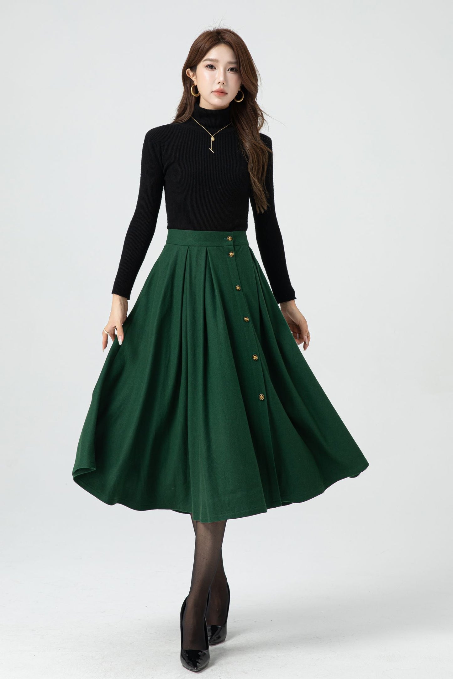 Button front green midi wool skirt 5322