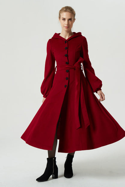 Burgundy Wool Coat Maxi Dress - Hooded, Lantern Sleeve, Tie Waist 1977