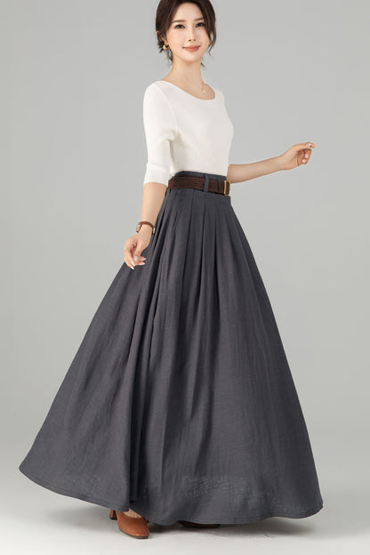 Dark Grey Linen Cotton Maxi Skirt - Pleated Waist with Side Pockets 5701