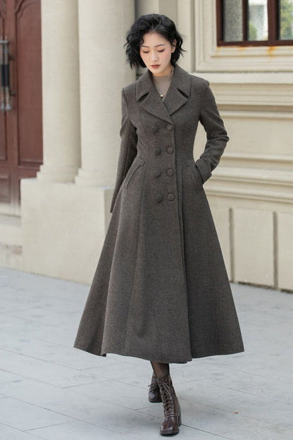 Chocolate Brown Wool Maxi Coat – Vintage Double Breasted Winter Overcoat 5460