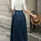 Navy Blue Linen Maxi Pleated Skirt 5688