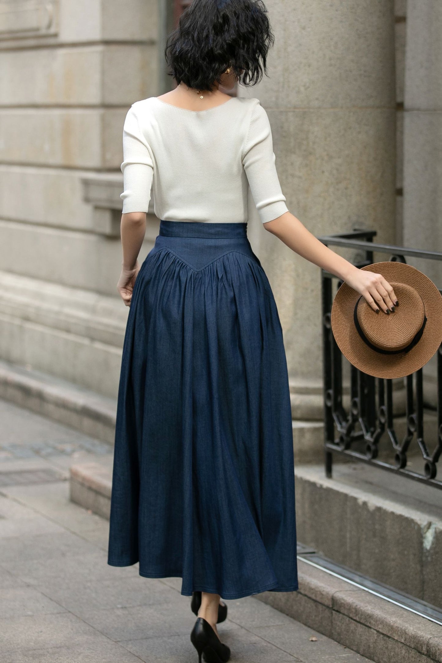 Navy Blue Linen Maxi Pleated Skirt 5688