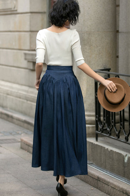 Navy Cotton Maxi Skirt - High Waist Pleated Two Pockets | Xiaolizi 5688
