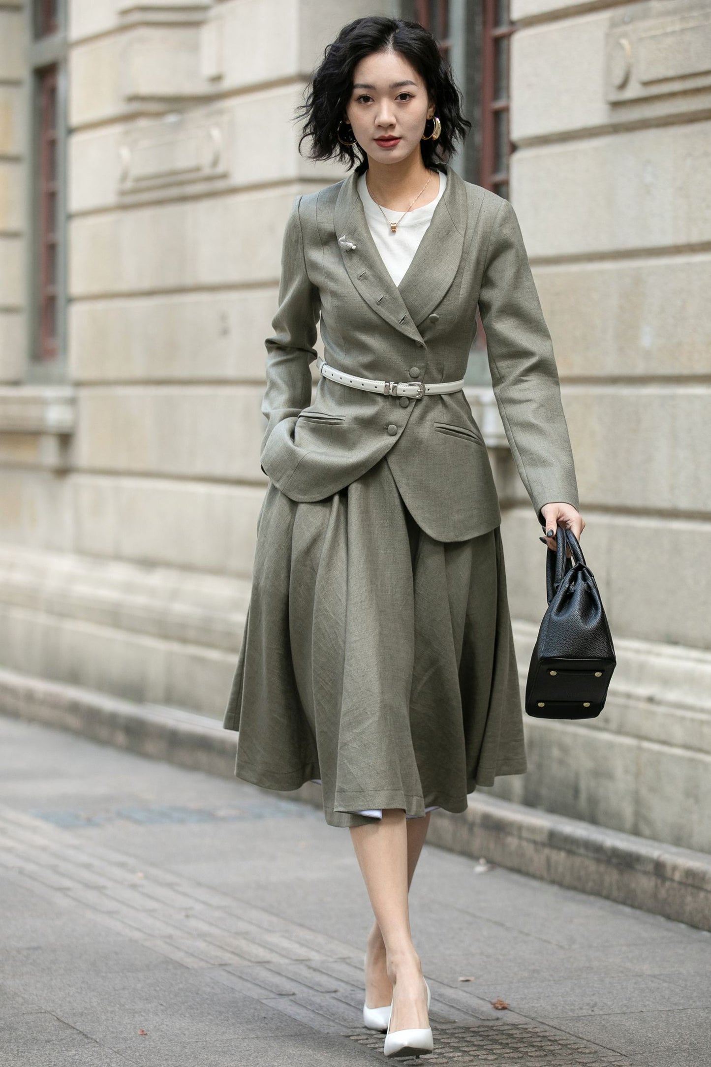 Army green asymmetrical linen jacket 5681