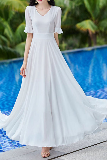 Red Chiffon Maxi Dress - Flowing V-Neck Bridesmaid Gown 5009