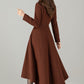 Brown Wool-Blend High‑Low Midi Dress – Wide Fold‑Over Collar & Pockets 6500