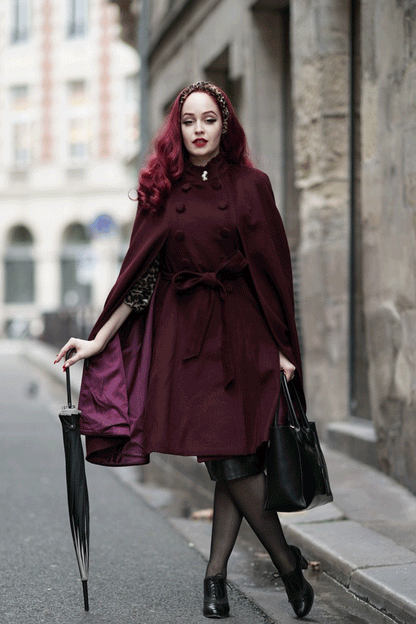 Burgundy Wool Cape Coat – Handmade Vintage Stand Collar Cloak with Belt 4728