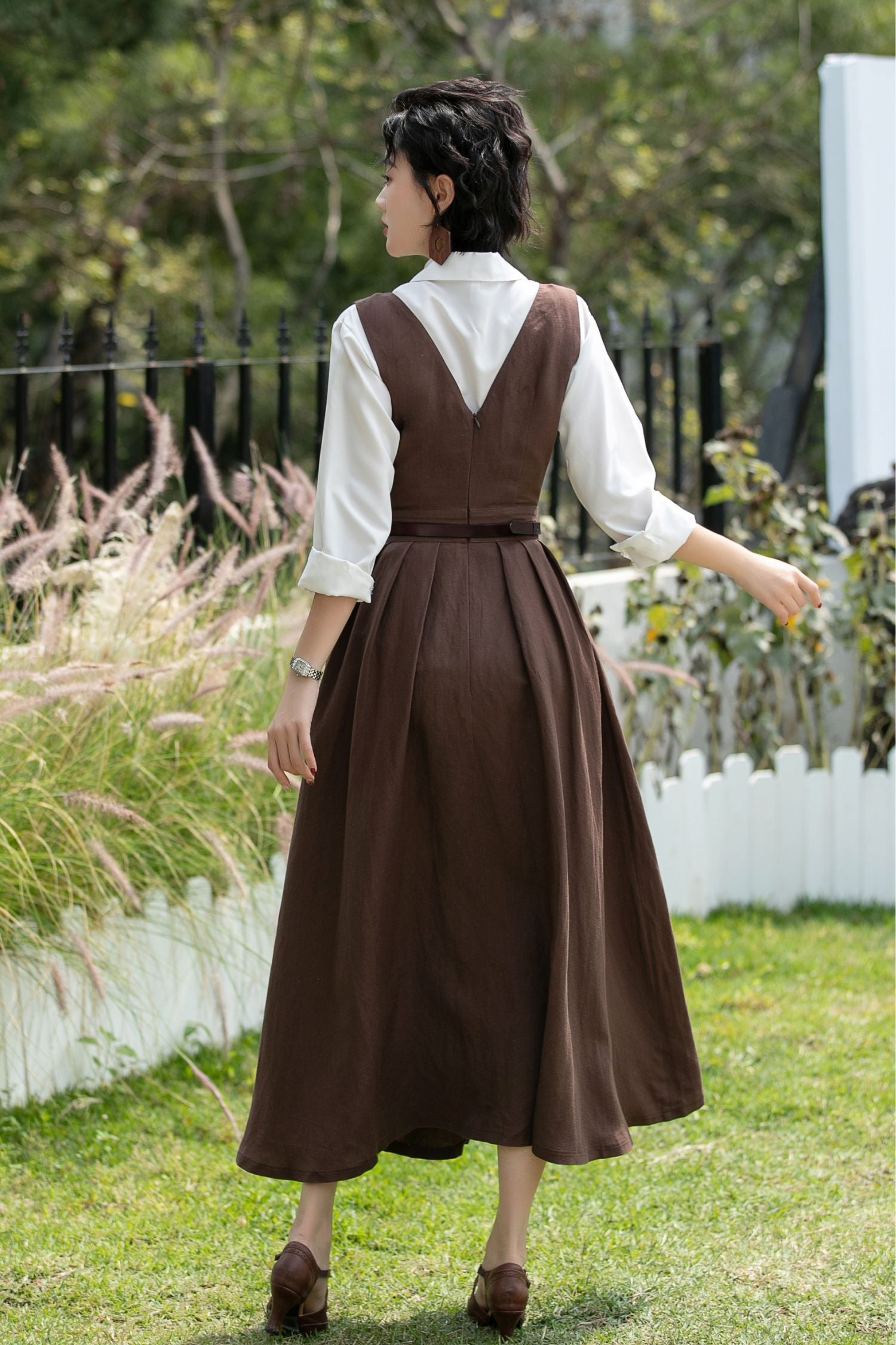 Brown Linen Cotton Pinafore Dress - Deep V Neck | Xiaolizi