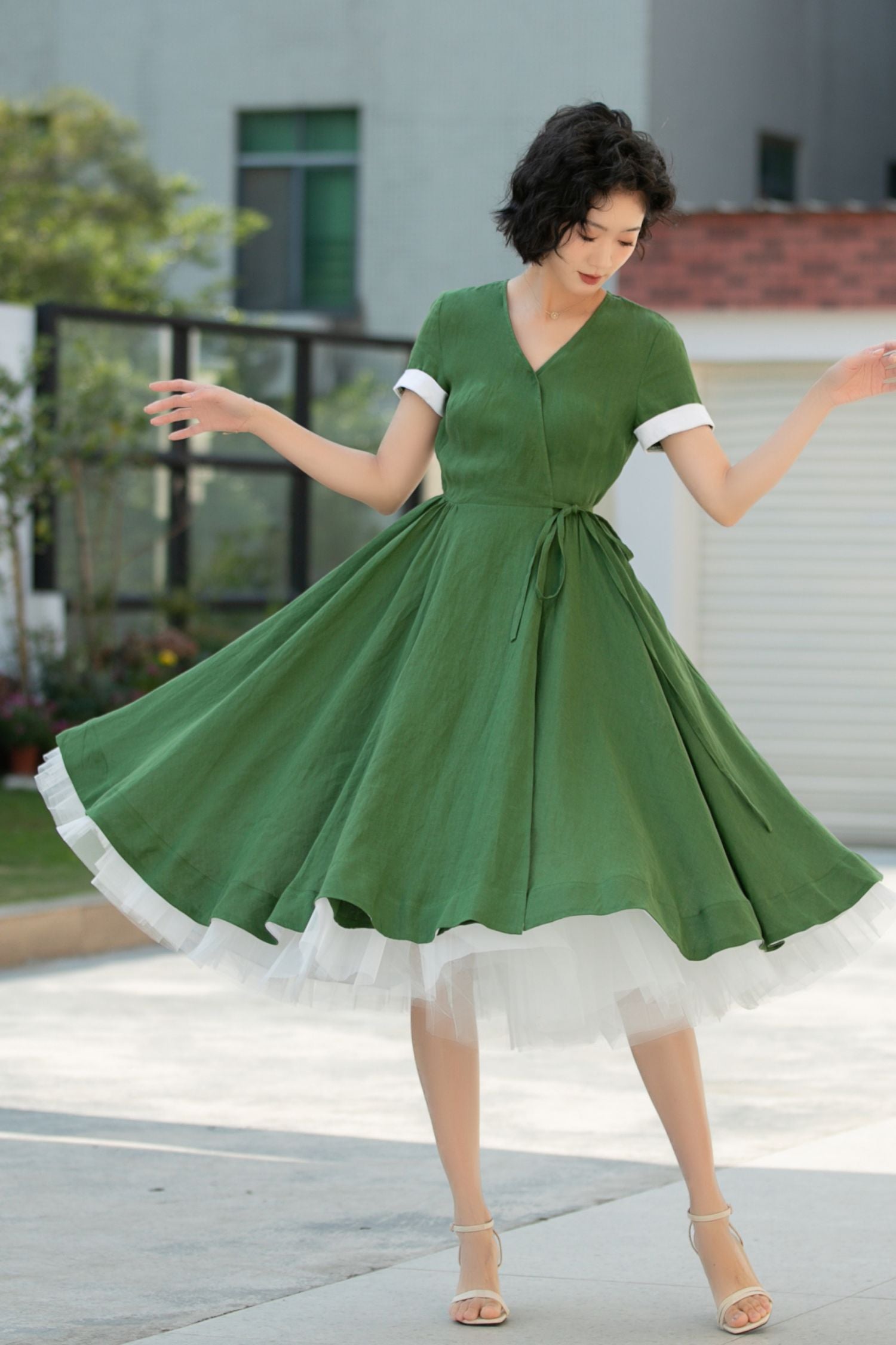 Green Linen Midi Dress with V-Neck and Waist Tie Wrap Style – Xiaolizi