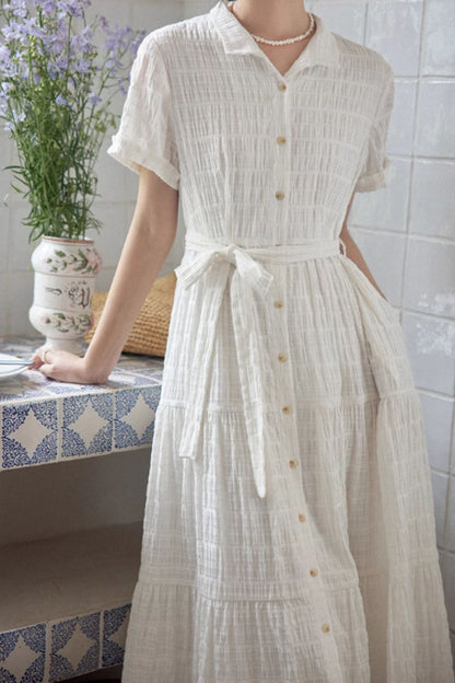 Navy Blue Linen Shirt Dress - Tiered Skirt with Tie Belt Waist 4844