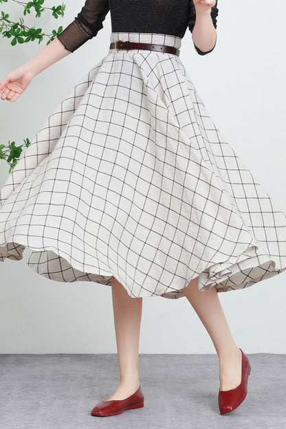 Plaid Linen Midi Skirt - High Waist Circle Swing Tartan | Xiaolizi 5738