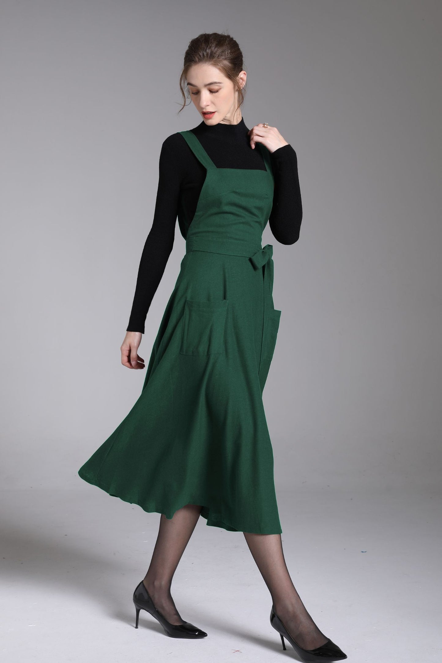 Green Linen Pinafore Dress – Handmade Midi Apron Dress 6673