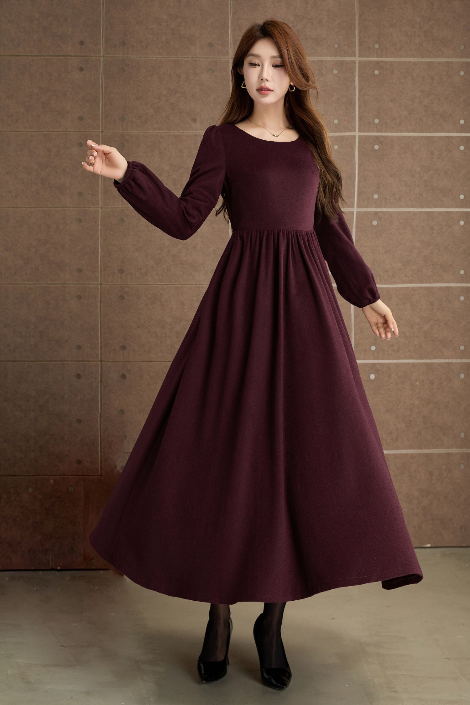 Burgundy Wool Maxi Dress Elegant Long Sleeve Vintage Winter Dress 5359 Xiaolizi Burgundy Wool Maxi Dress Elegant Long Sleeve Vintage Winter Dress 5359 Xiaolizi