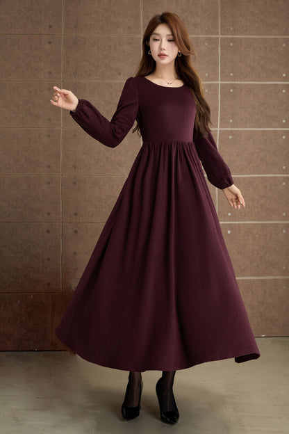 Burgundy Wool Maxi Dress – Elegant Vintage Long Sleeve Winter Dress with Pockets 5359