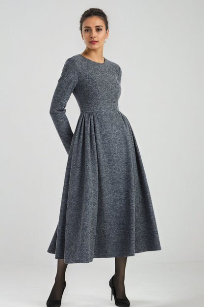 Dark Grey Wool Midi Dress - Fit and Flare Silhouette 6293