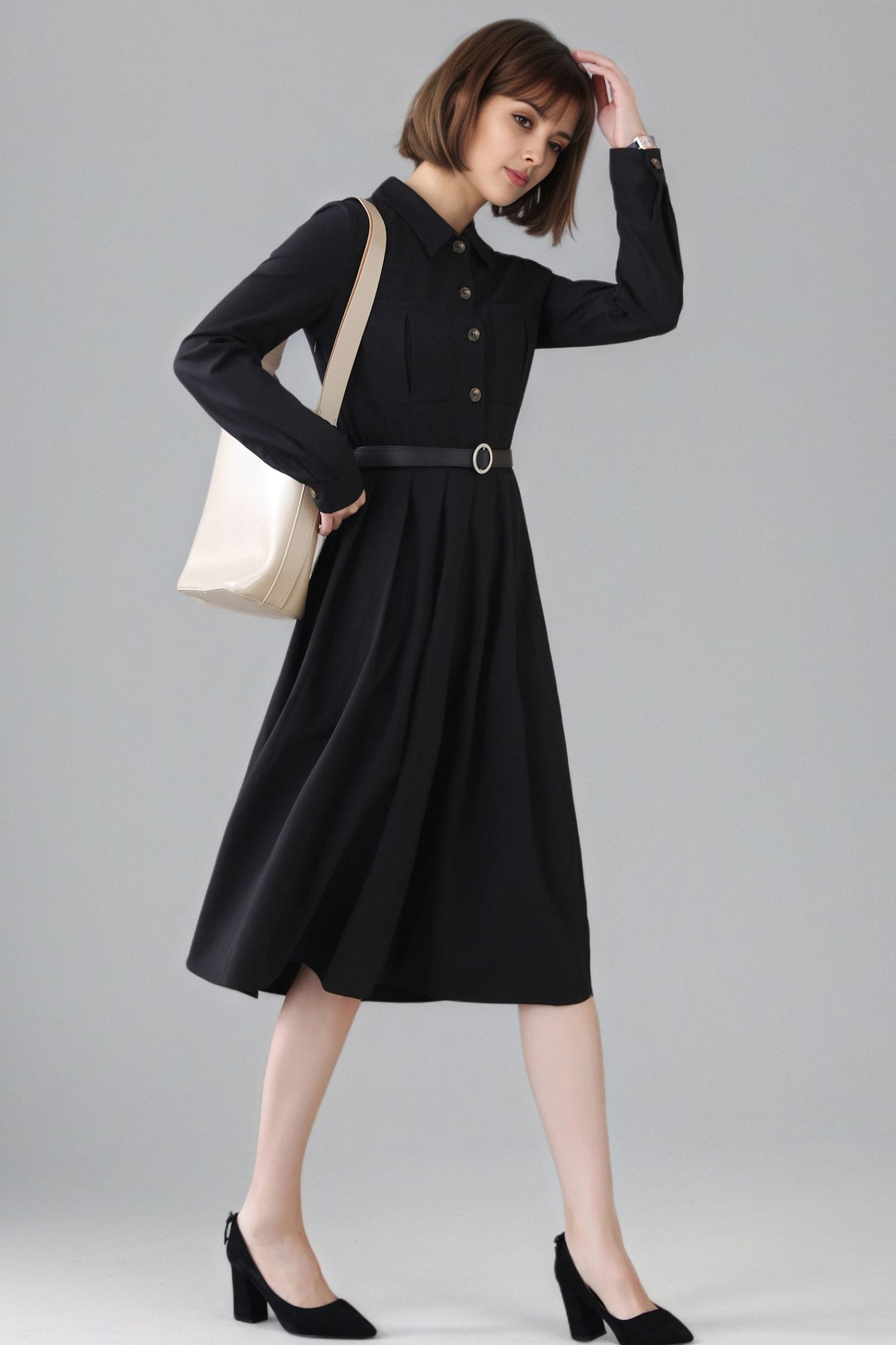 Xiaolizi Black Pleated Midi Dress – Vintage Long Sleeve Button Front Dress 6347