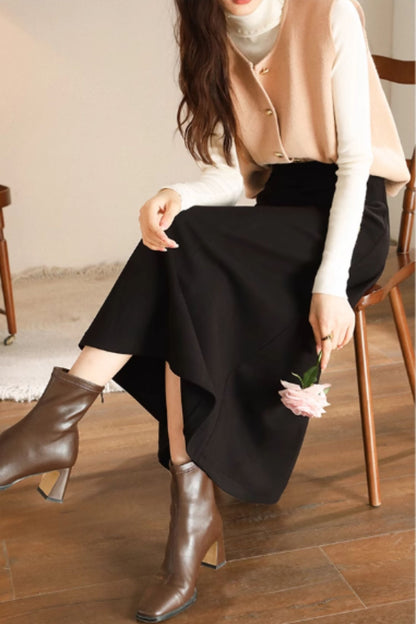 Black Wool Midi Skirt - A-Line Silhouette 5468