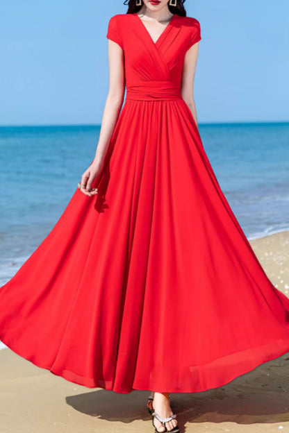 Blush Pink Chiffon Maxi Dress - V-Neck Swing Silhouette 5163