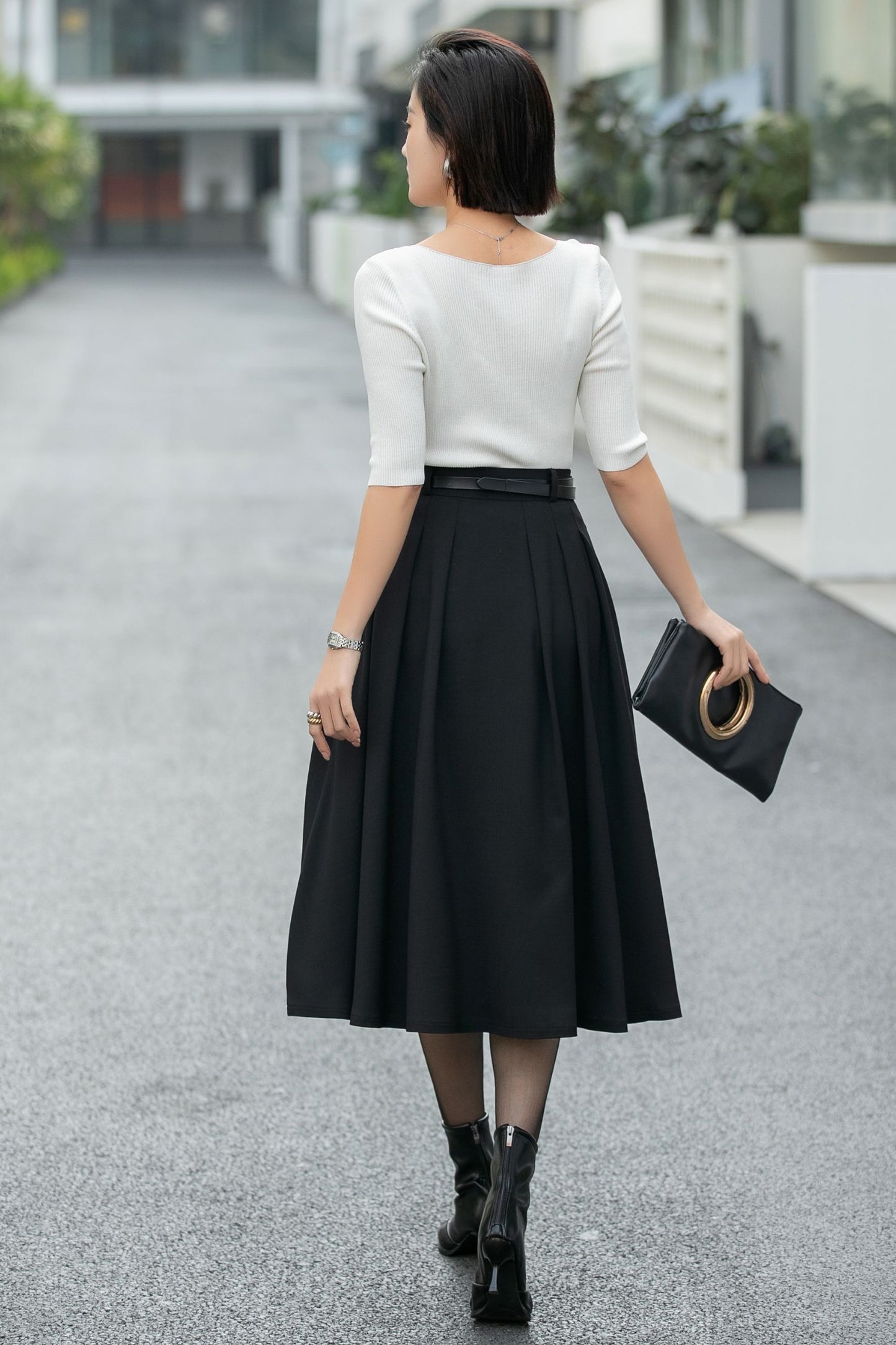Handmade Black Pleated Midi Skirt – High Waist A-Line Office Skirt 6665 -size S #CK2600005