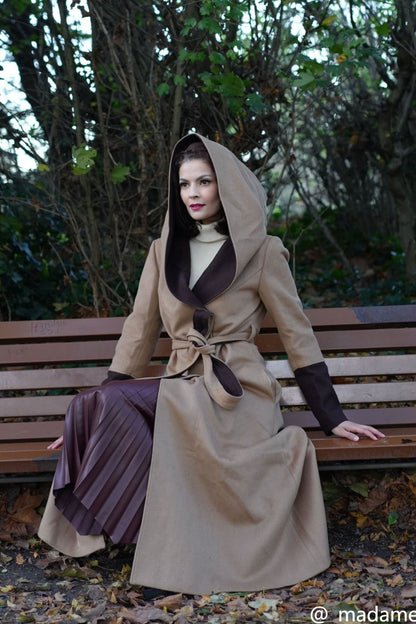 Camel Wool Trench Coat with Hood - Two-Tone Contrast Cuffs 4725