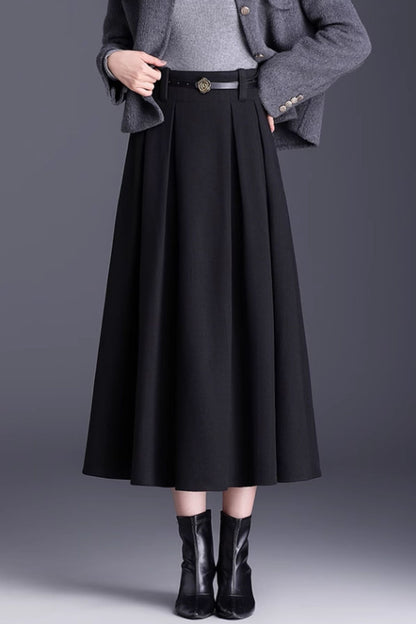 Brown Wool A-Line Midi Skirt - Pleated Elegant Silhouette 6137
