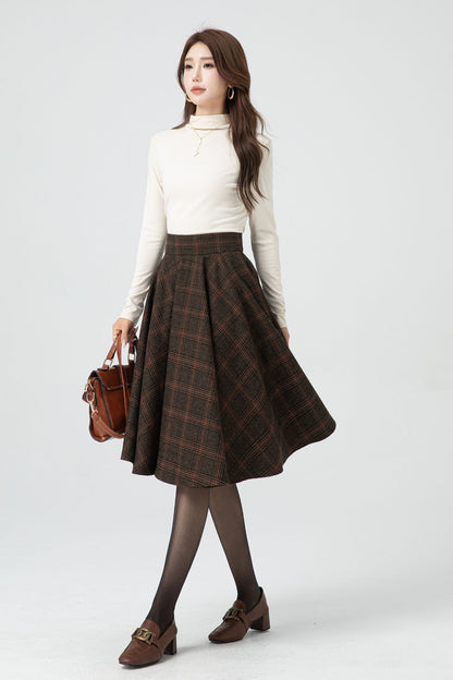 Brown Plaid Wool Midi Skirt – Vintage High Waist Pleated Circle Skirt 5323