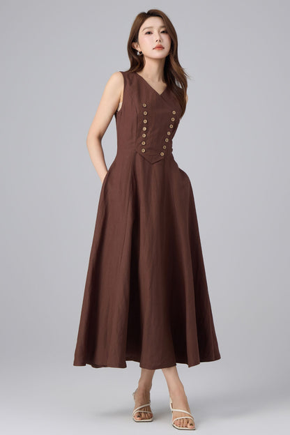 Brown Linen Cotton Pinafore Dress - V-Neck Maxi | Xiaolizi 6757