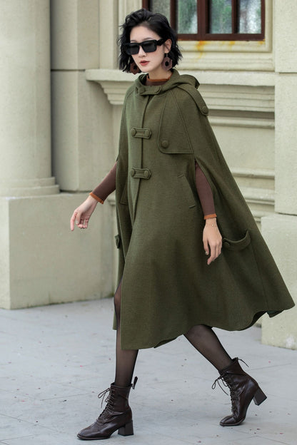 Green Wool Cape Coat – Vintage Military Hooded Winter Overcoat | Xiaolizi 5351
