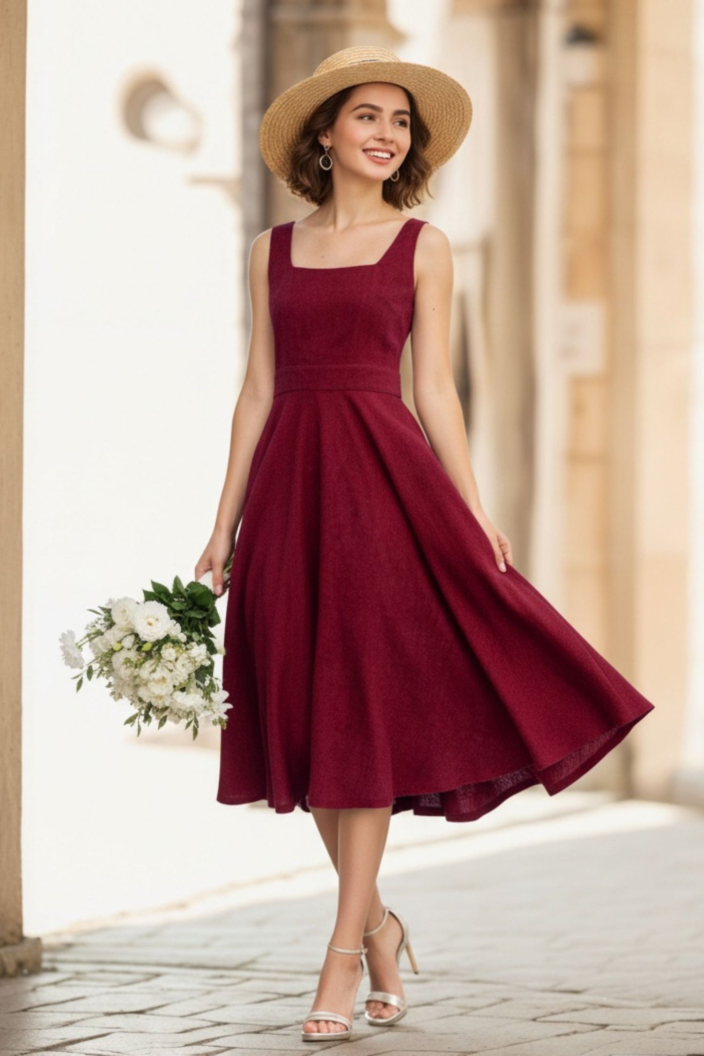 Handmade Linen Midi Dress – Vintage Fit and Flare Sleeveless Dress in Deep Red 6655