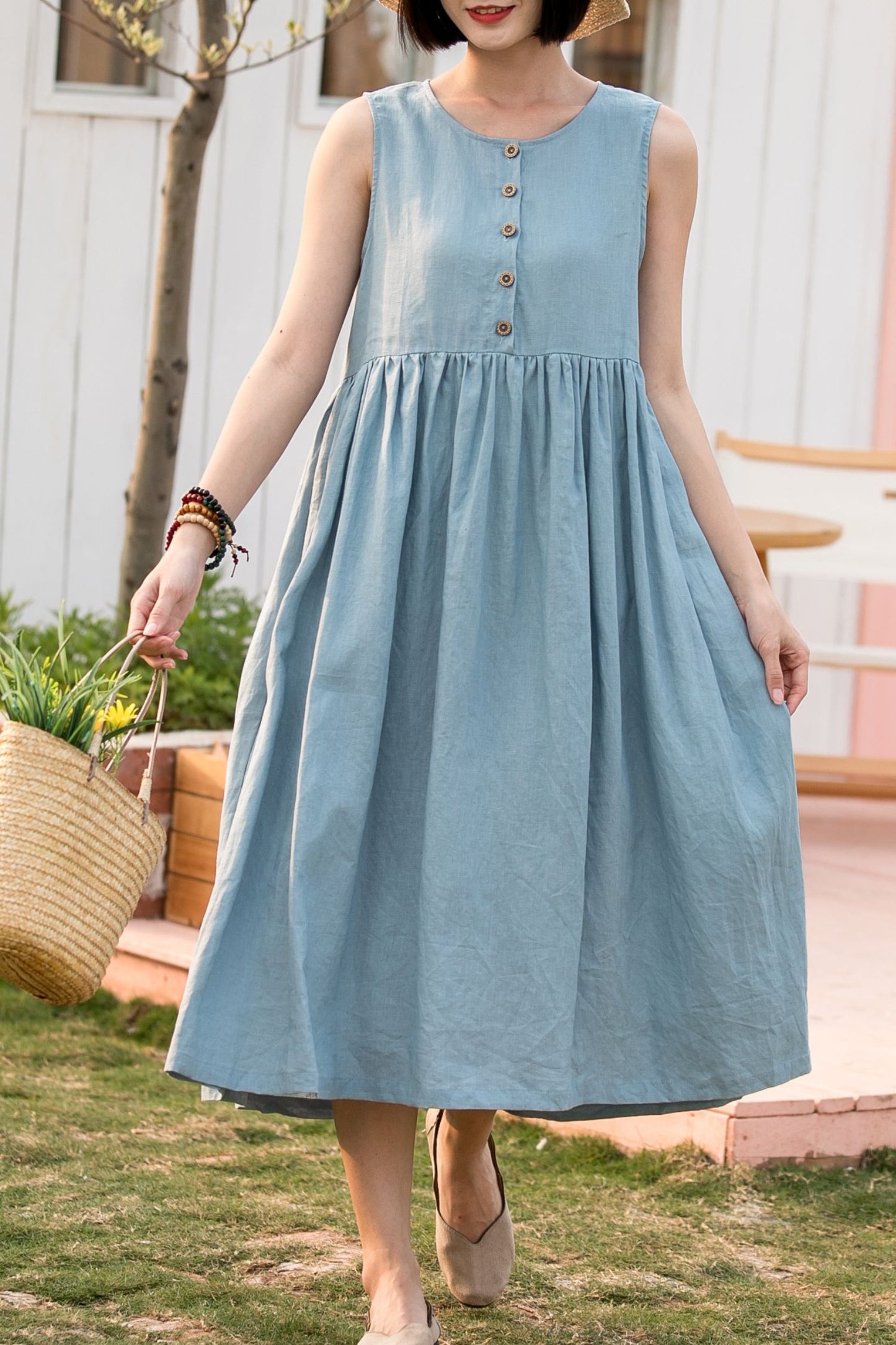 A line loose fitting light blue linen dress 2804