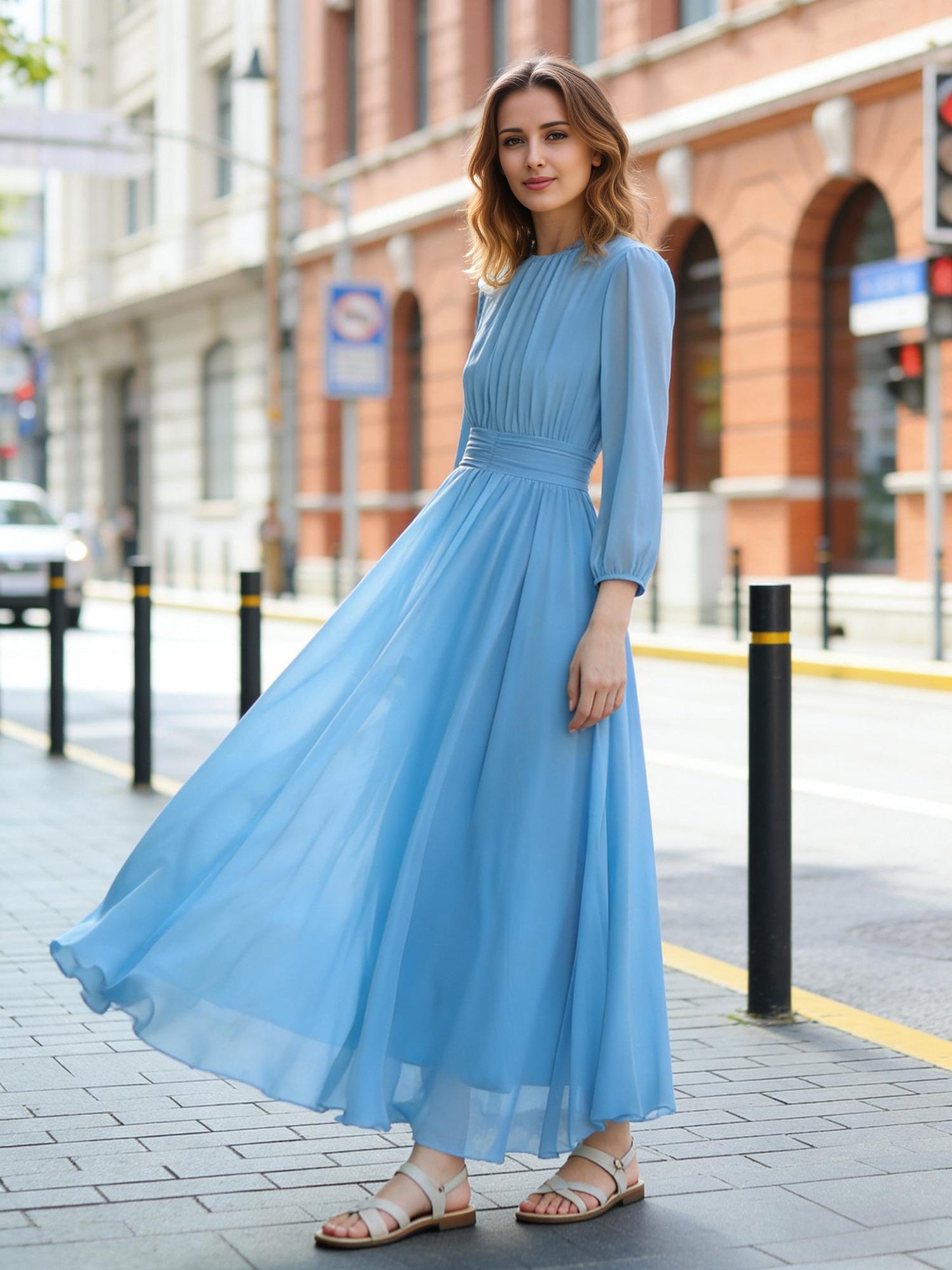Blue Chiffon Midi Dress – Elegant Long Sleeve Style | Xiaolizi 6769