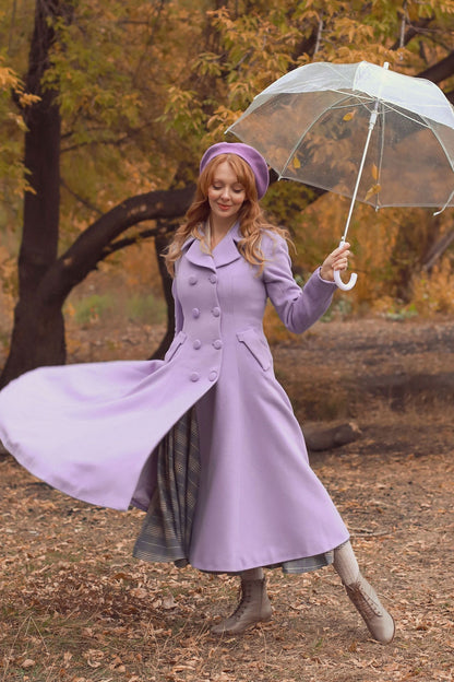 Lilac Wool Coat - Double Breasted, Mid-Calf Elegant Outerwear 3125