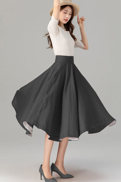 Grey Linen Midi Skirt - High Waist Flared Circle Swing | Xiaolizi 5728