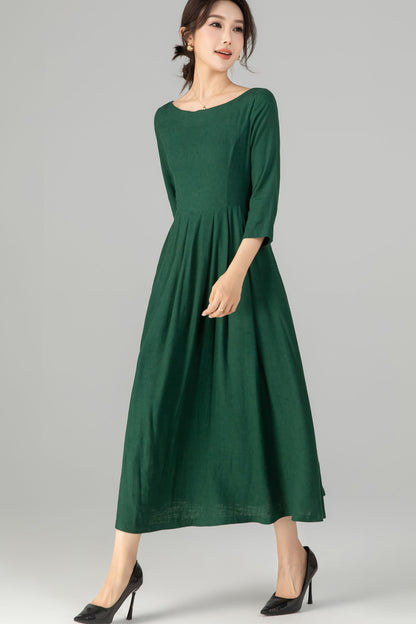 Handmade Emerald Green Linen Dress | 1950s Vintage Style Midi with Pleated Waist 5714