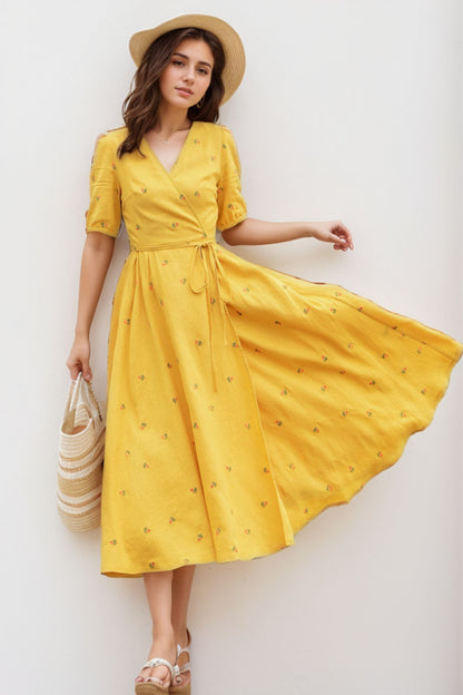 Short sleeve floral Linen midi summer dress 5118