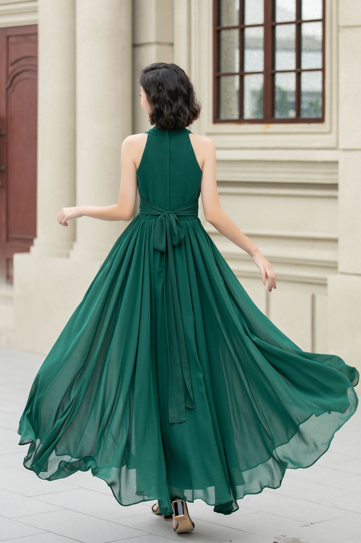 Green maxi halter chiffon party dress 5175