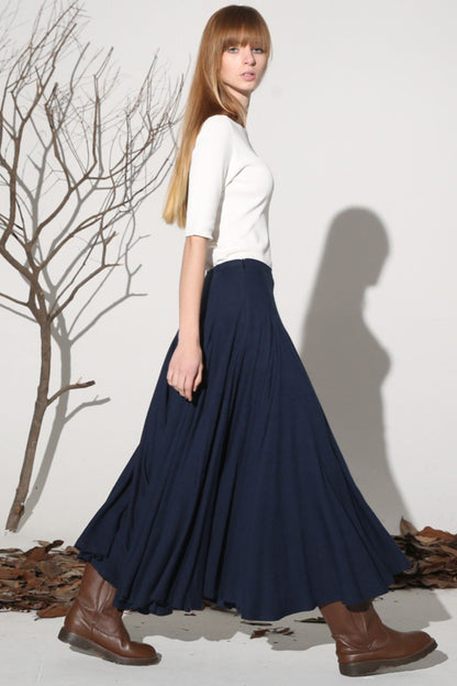 Women’s Handmade Linen Maxi Skirt – Dark Blue Long Flowy Skirt | Xiaolizi 1156