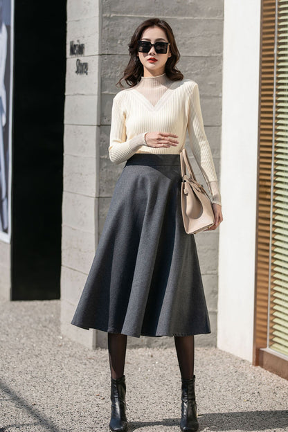Gray Wool Midi Skirt - Flowy A-Line Winter Elegance 4130
