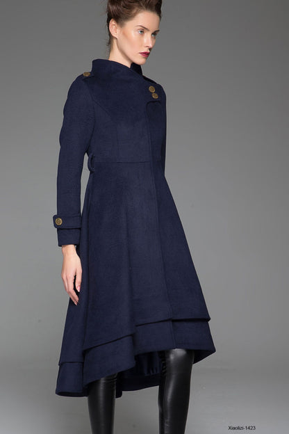 Navy Wool Coat - Asymmetrical Hem & Stand Collar 1423