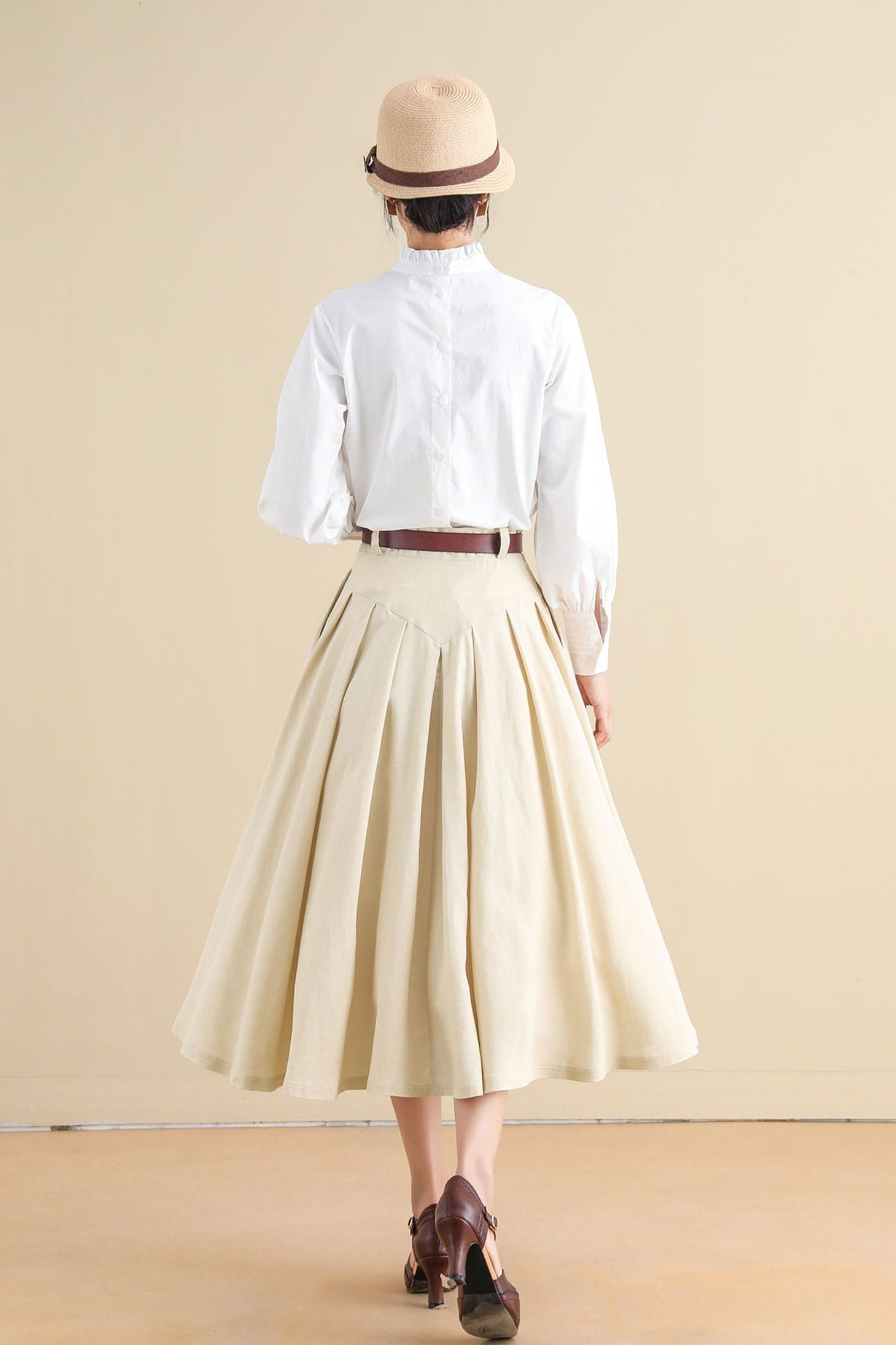 Women Beige Pleated Linen Midi Skirt 2797