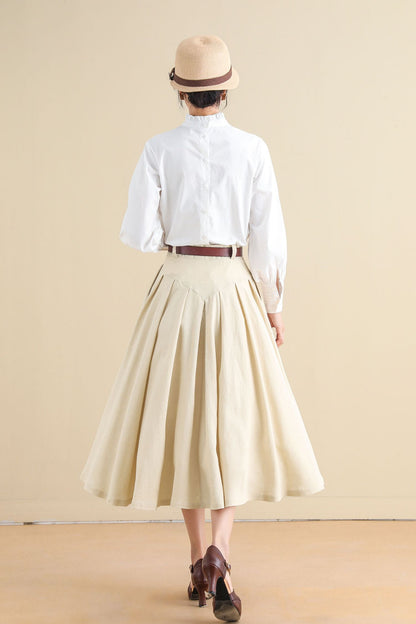 Beige Linen Pleated Midi Skirt - High Waist, Elegant Flowy Silhouette 2797