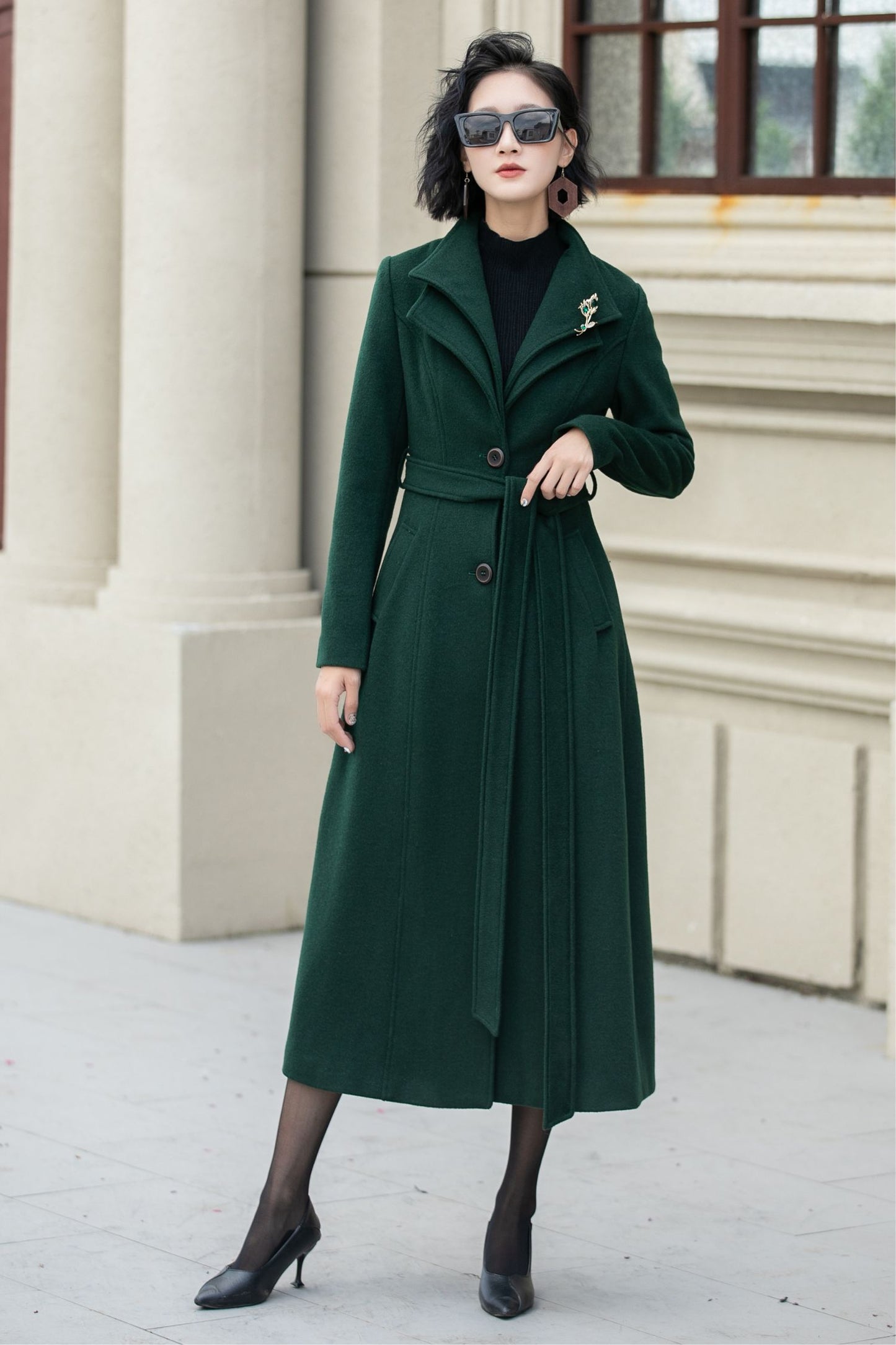 Green long wool trench coat women 5350