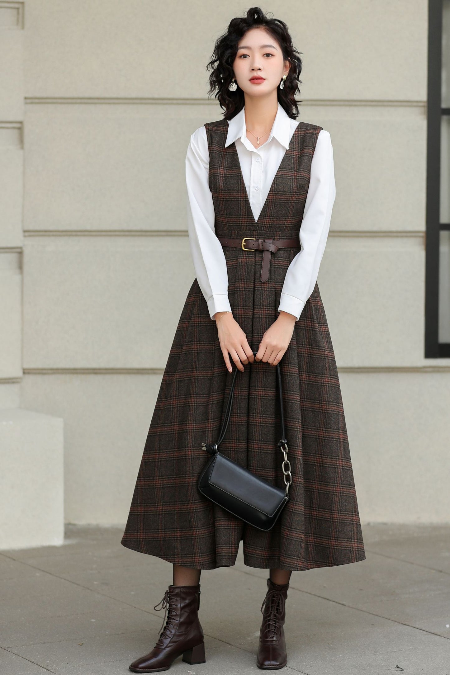 Brown Plaid Wool Midi Dress – Vintage Sleeveless Pinafore Swing Dress 6417