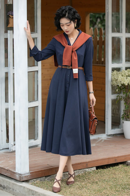 Xiaolizi Navy Linen Shirt Dress – Vintage A-Line Midi 6694-Size XS #CK2600163