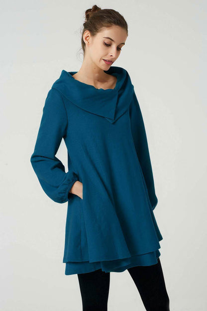 Teal Wool Tunic Dress - Oversized Fit with Asymmetrical Collar 5208