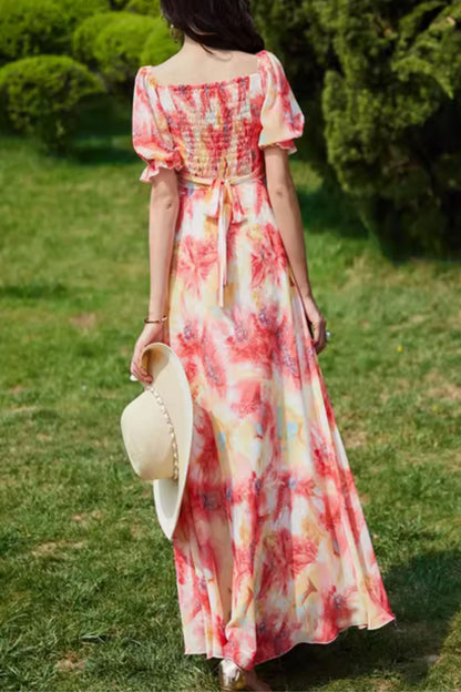 Flower printed long prom summer beach dress 5037