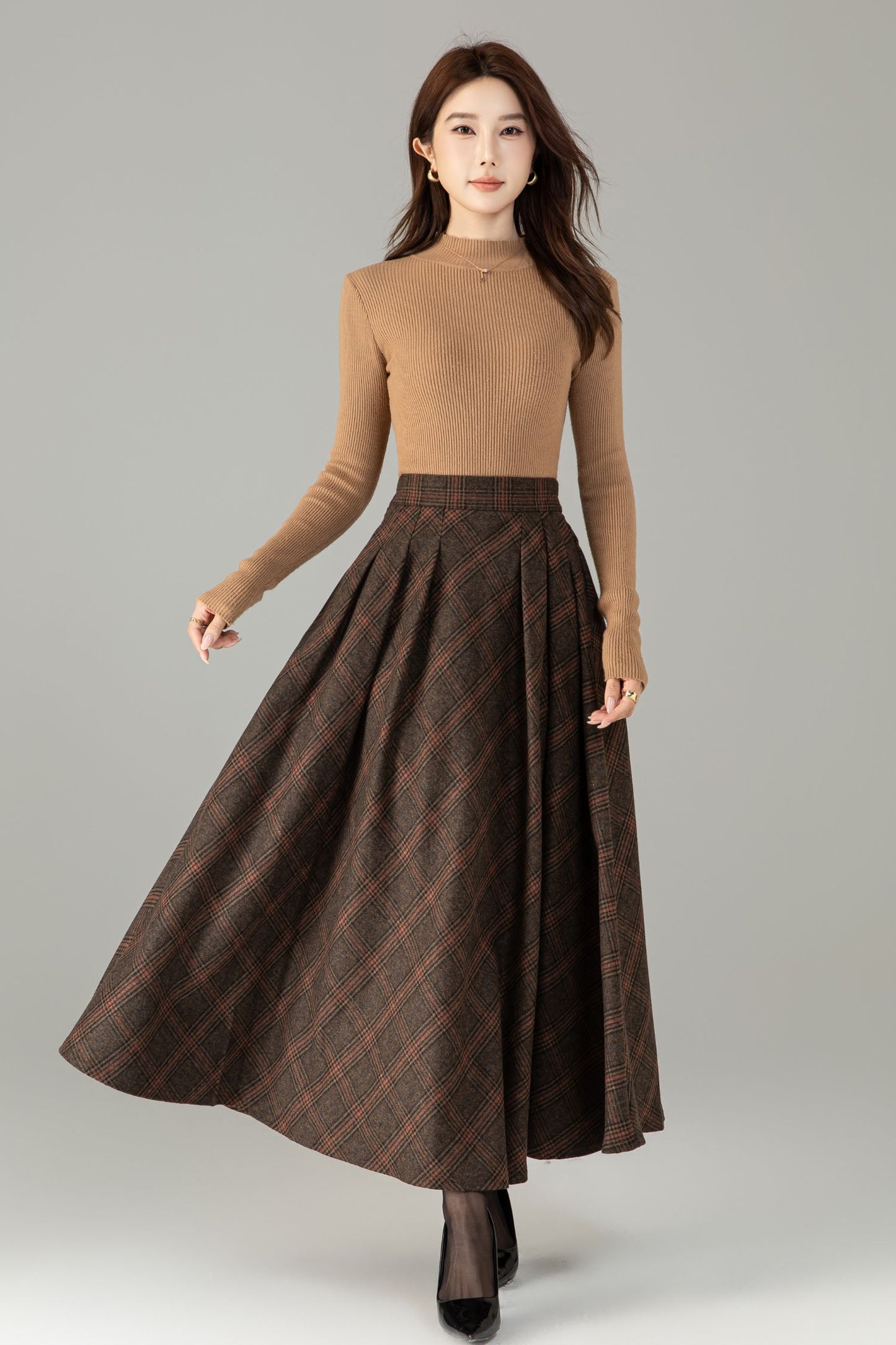Handmade Wool Blend Plaid Skirt – Vintage Long A-Line Maxi for Autumn Winter 6505